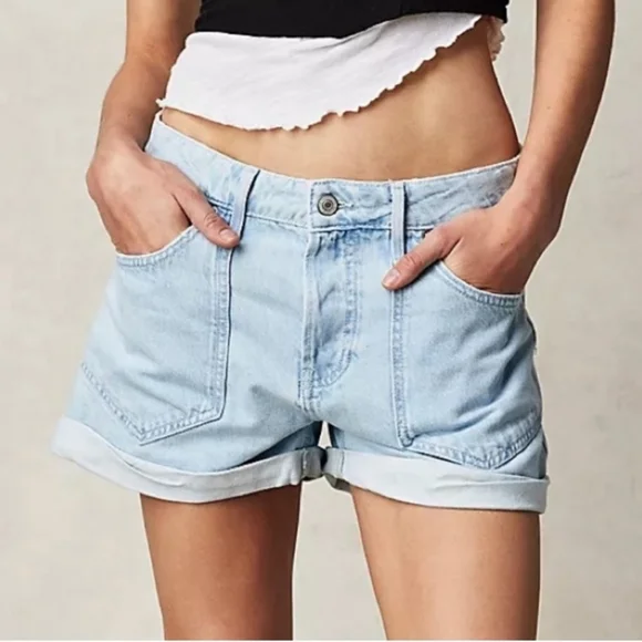 Free People | Denim Blue Jean Light We The Free Beginner's Luck Slouch Shorts - Picture 3 of 11